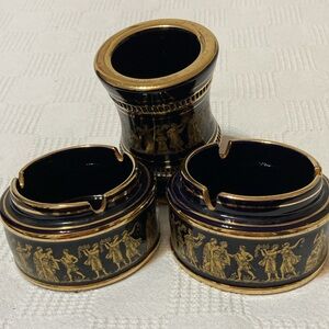 VINTAGE SET OF THREE GREEK DESIGNS 24K GOLD BLACK PORCELAIN PIECES
